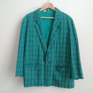 Vintage Men Medium 100% cotton lightweight blazer jacket teal blue green plaid